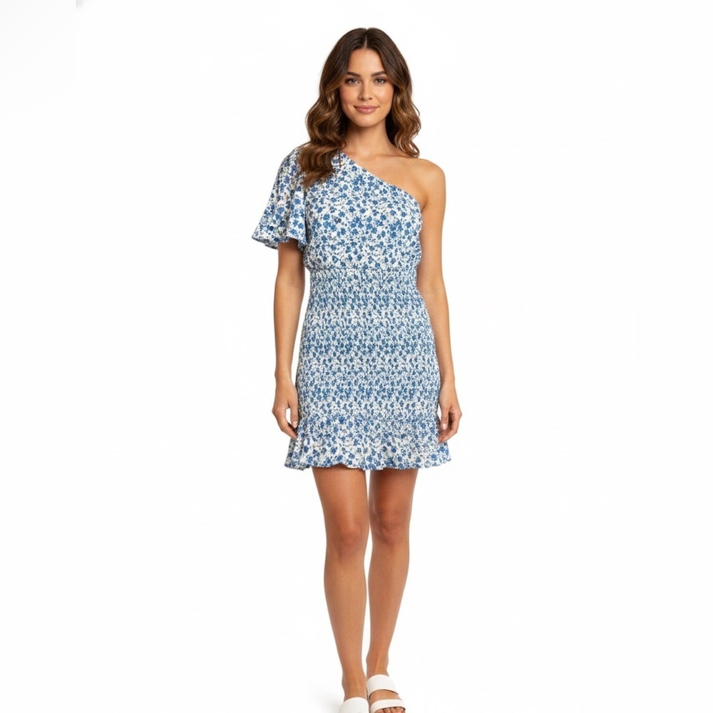 Kirundo Blue White Floral One Shoulder Smocked Dress Size L